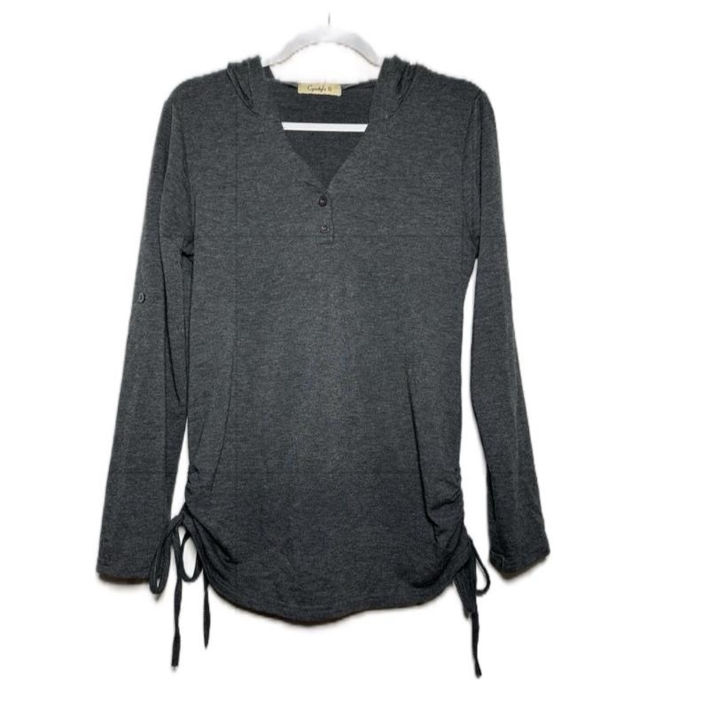 Cyanstyle Gray Charcoal Hooded Tunic Top‎ Roll-Tab Sleeve Side Ruched Drawstring